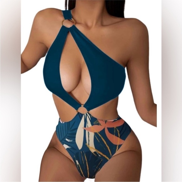 Other - Brand New One Shoulder Swimsuit O-Ring Waist Bra Cup Green Tropical High Waist